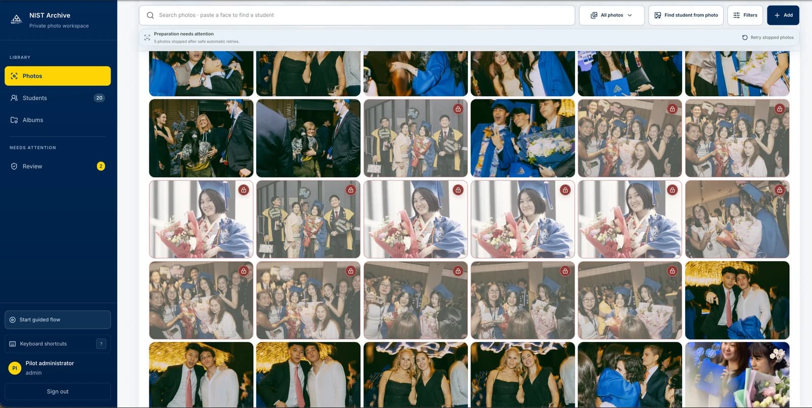 The photo library, where restricted photos are visibly marked with lock indicators.