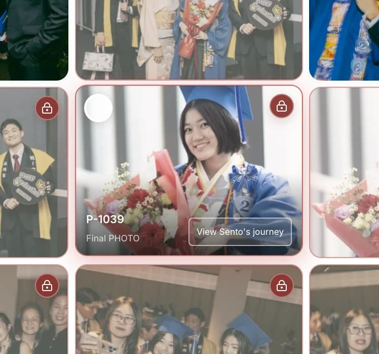 A restricted photo in the archive grid, shown with a muted image treatment, fine red border, and soft red hover glow.