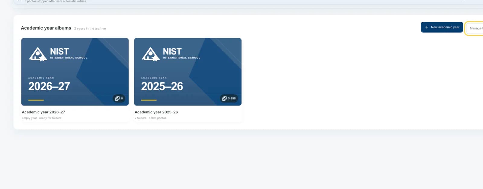 Academic-year cards for 2026–27 and 2025–26 in the NIST photo archive.