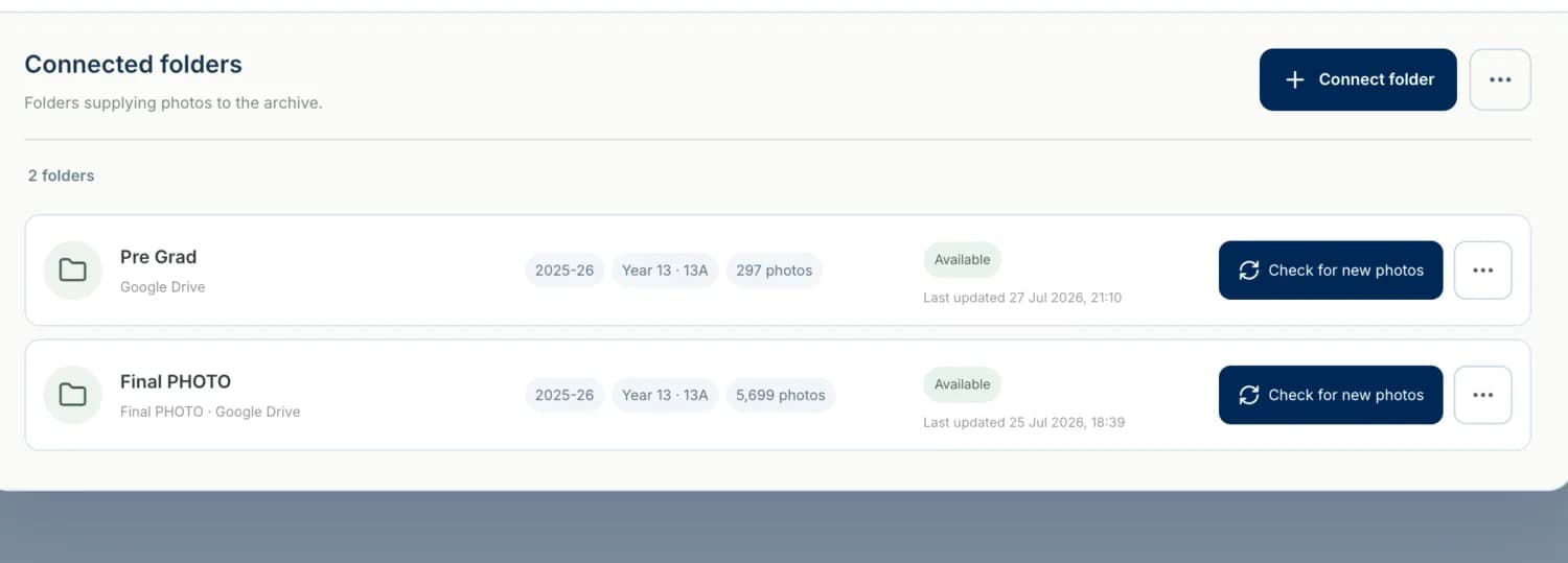 A compact connected-source manager with two Google Drive folder rows and clear actions.