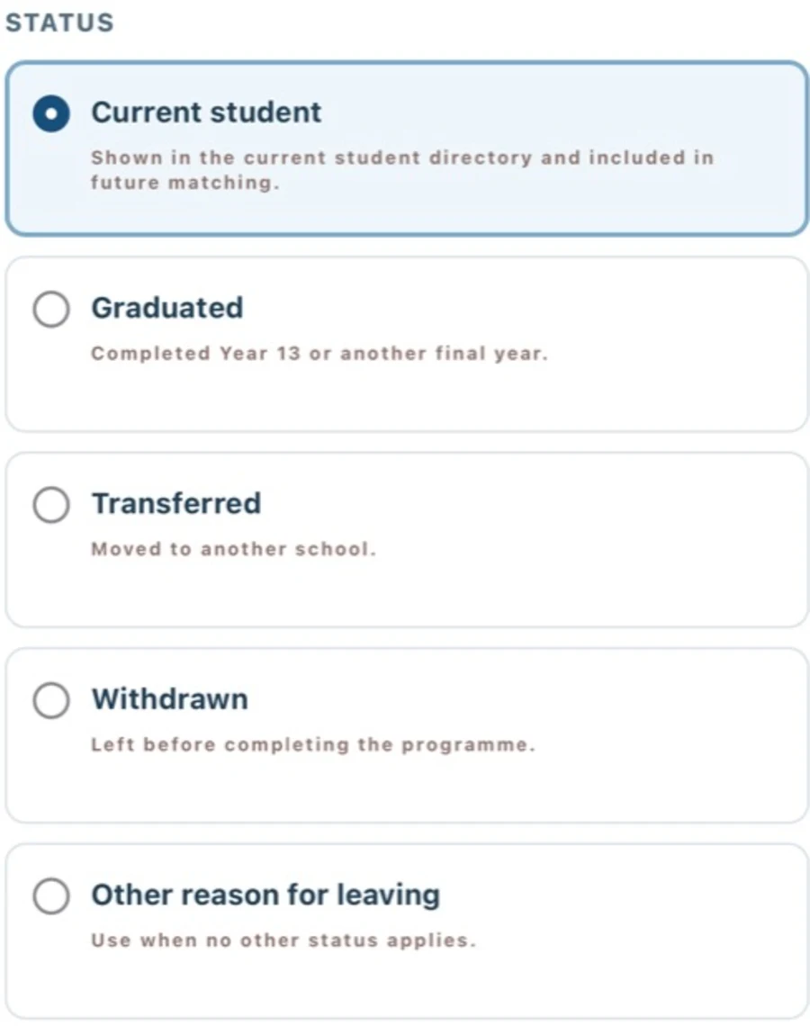 Latest mobile student status choices for Current student, Graduated, Transferred, Withdrawn, and Other reason for leaving.
