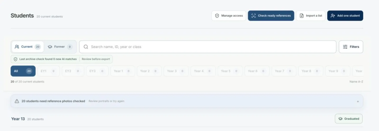 Students directory with current and former tabs, search, filters, year-group buttons, and staff actions.