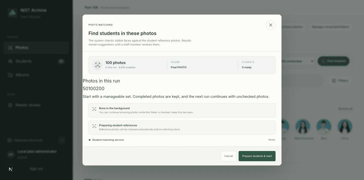 Photo matching dialog showing a bounded 100-photo run, background processing, and preparation of student references.